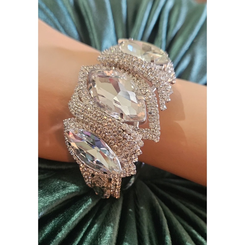 Vintage Rhinestone Bridal Clamper Bracelet Clear & AB Bold Design 7"